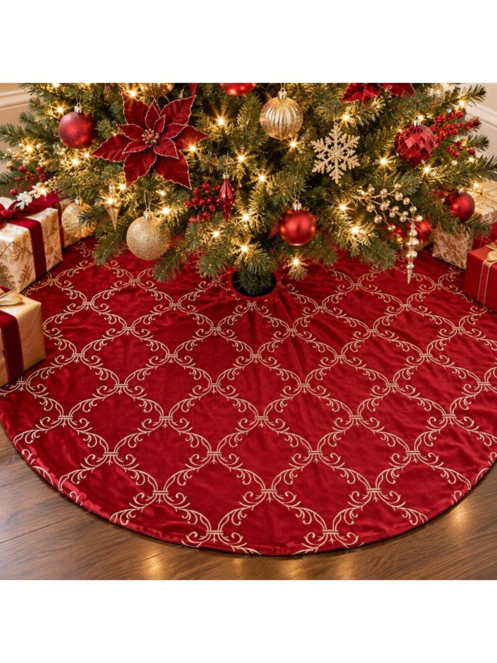 Arctic Holiday Christmas Tree Skirt 55" Burgundy Velvet Gold Embroidered Elegant